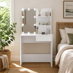 White Bedroom Vanity Unit with LED Mirror and Shelves