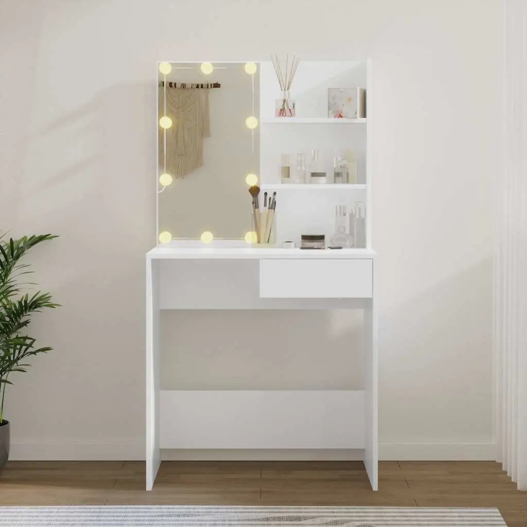 White Bedroom Vanity Unit with LED Mirror and Shelves