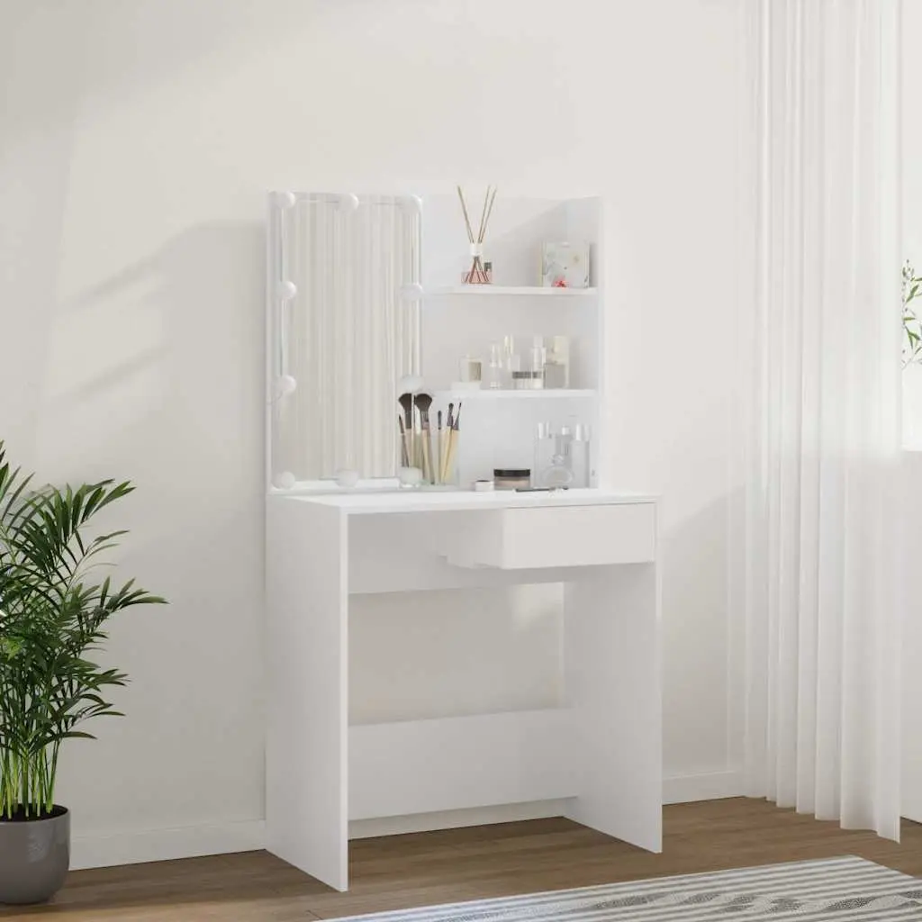 White Bedroom Vanity Unit with LED Mirror and Shelves