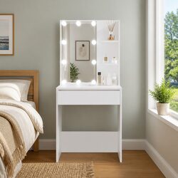 White Makeup Vanity Desk with LED Mirror Lights