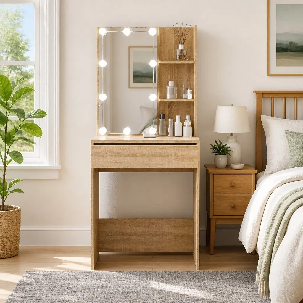 Sonoma Oak LED Mirror Dressing Table with Storage