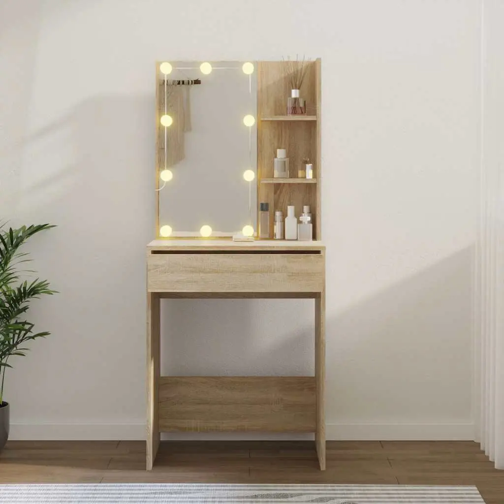 Sonoma Oak LED Mirror Dressing Table with Storage