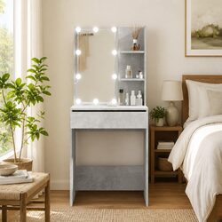 Grey Makeup Vanity with LED Mirror and Storage