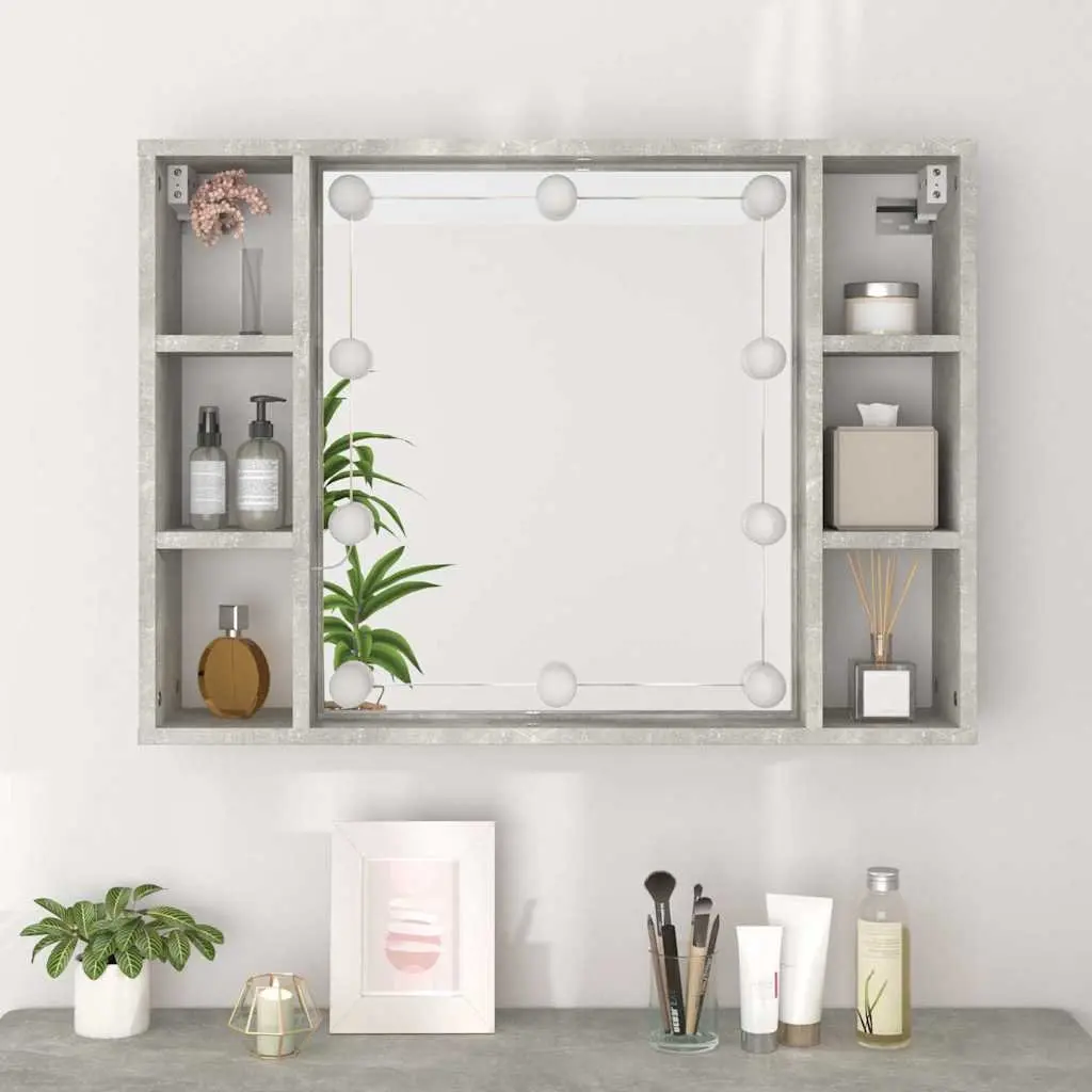 Mirror Cabinet LED Lights Wall-Mounted Bathroom Storage Grey 76x15x55cm Engineered Wood