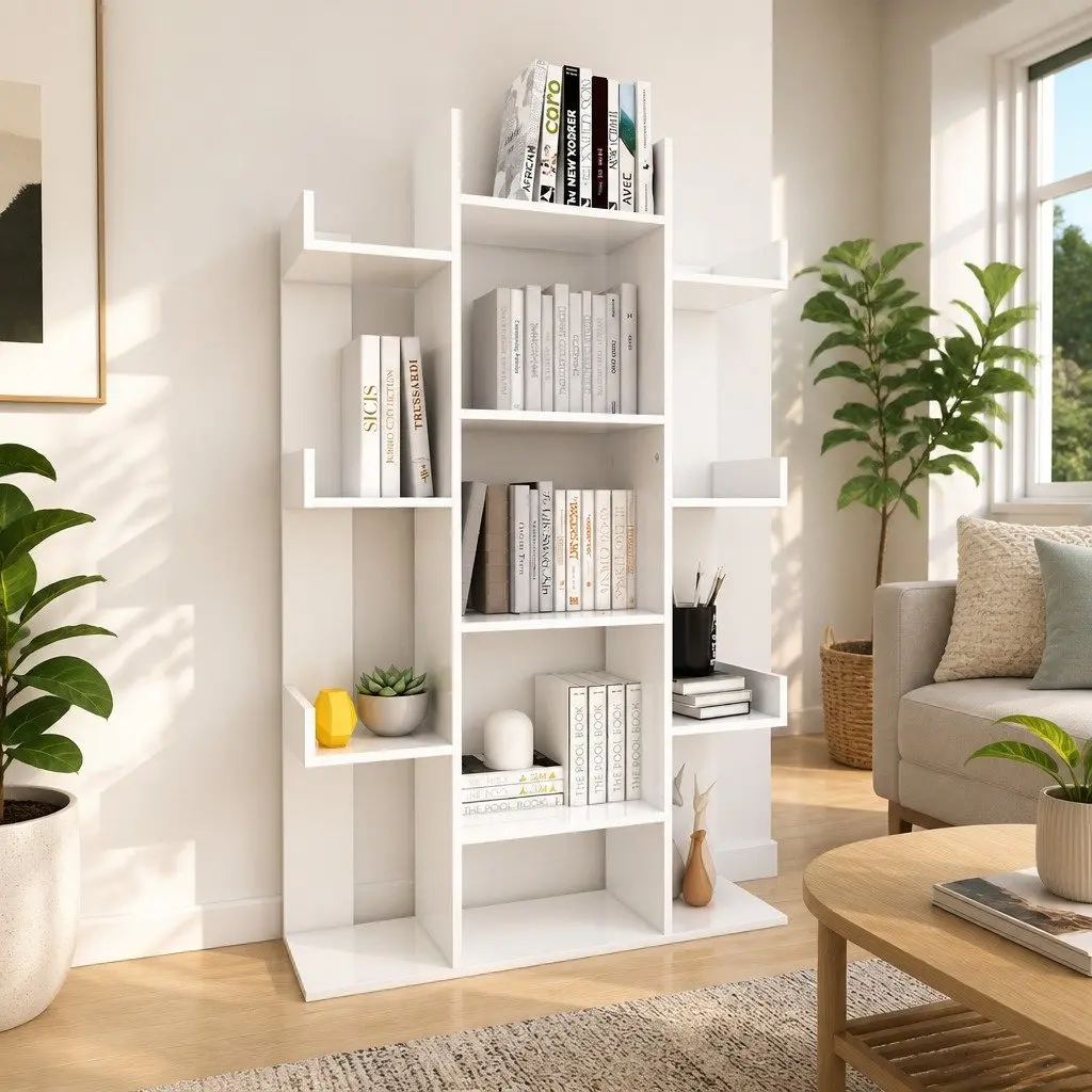 White Book Cabinet with 13 Compartments for Storage