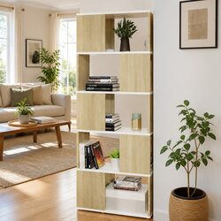 White Sonoma Oak Book Cabinet with Open Shelving