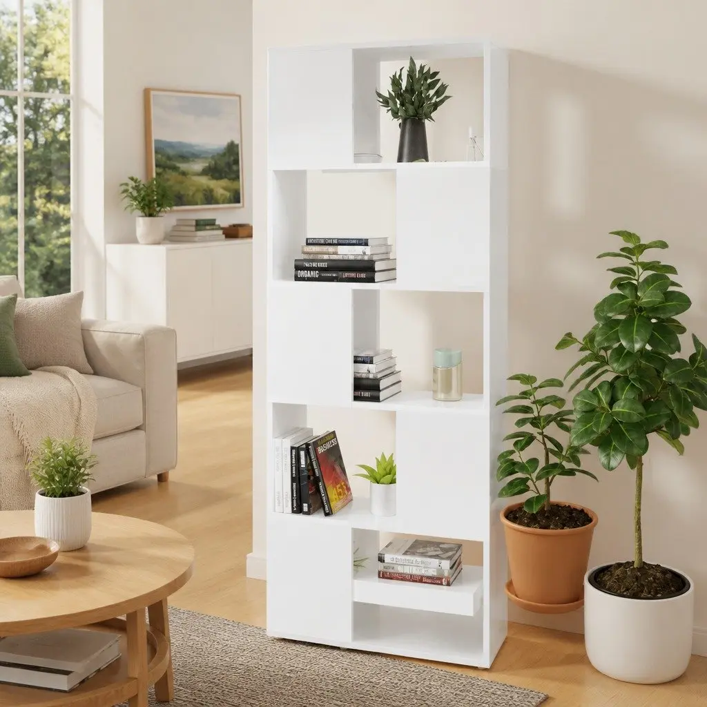 Book Cabinet High Gloss White 60x24x155cm Engineered Wood Room Divider Open Shelf Unit