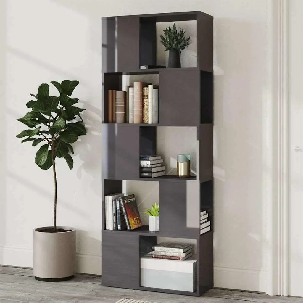 Book Cabinet Open Shelf High Gloss Grey Engineered Wood Storage Organiser Display