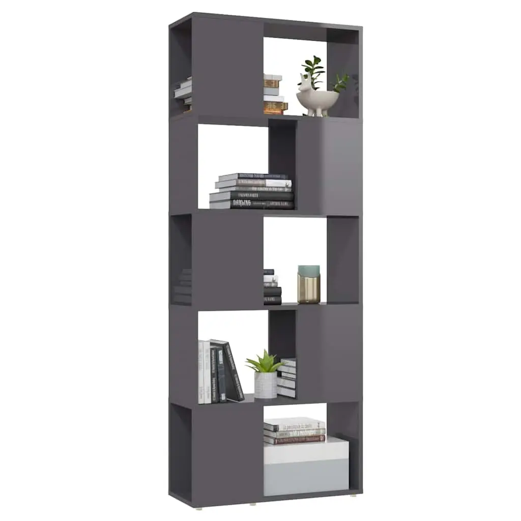 Book Cabinet Open Shelf High Gloss Grey Engineered Wood Storage Organiser Display