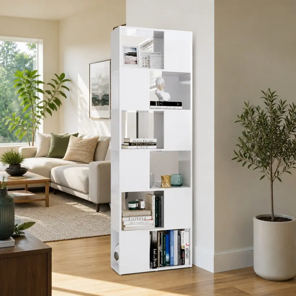 White High Gloss Book Cabinet Room Divider with 6 Shelves