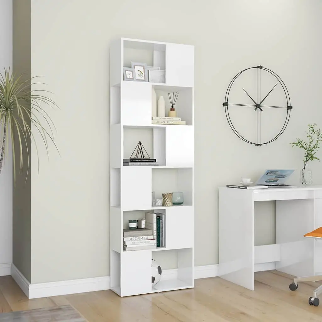 White High Gloss Book Cabinet Room Divider with 6 Shelves