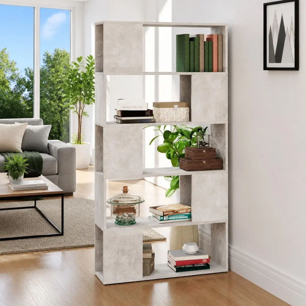 Storage Unit Book Cabinet Concrete Grey Engineered Wood Room Divider with 5 Compartments 80W x 24D x 155H cm
