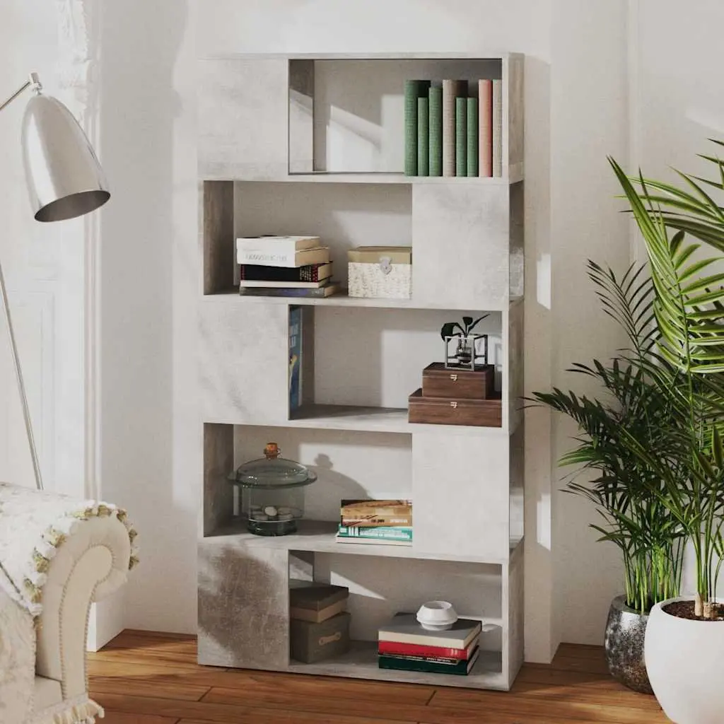 Storage Unit Book Cabinet Concrete Grey Engineered Wood Room Divider with 5 Compartments 80W x 24D x 155H cm