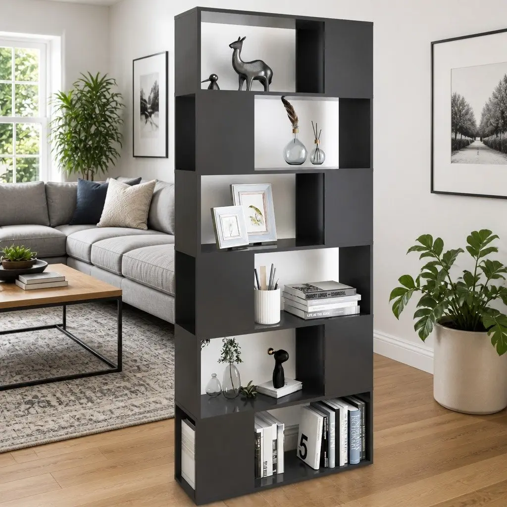 Book Cabinet Room Divider Grey 80x24x186cm Engineered Wood 6 Compartments Shelving Storage Unit
