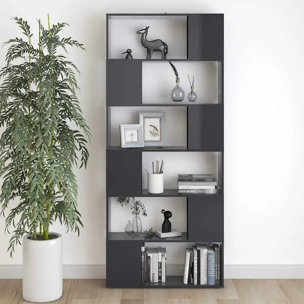 Book Cabinet Room Divider Grey 80x24x186cm Engineered Wood 6 Compartments Shelving Storage Unit
