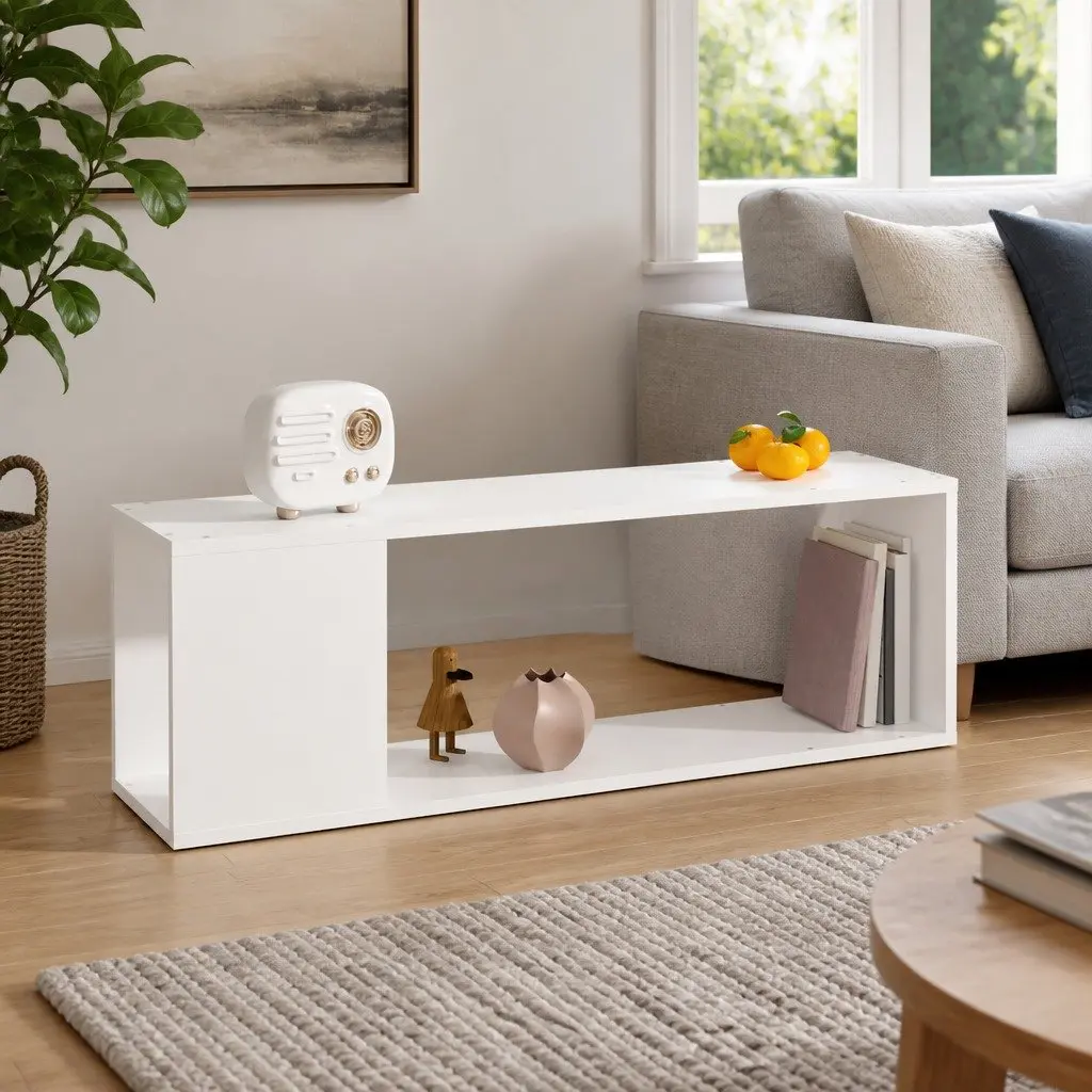TV Cabinet White Engineered Wood 100cm Living Room Storage Unit with 2 Shelves