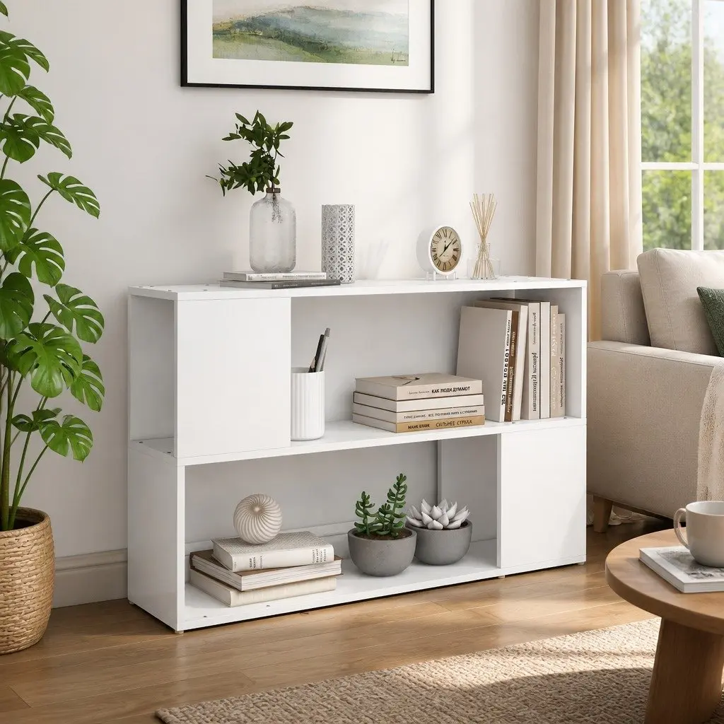 White Engineered Wood Book Cabinet with Open Compartments