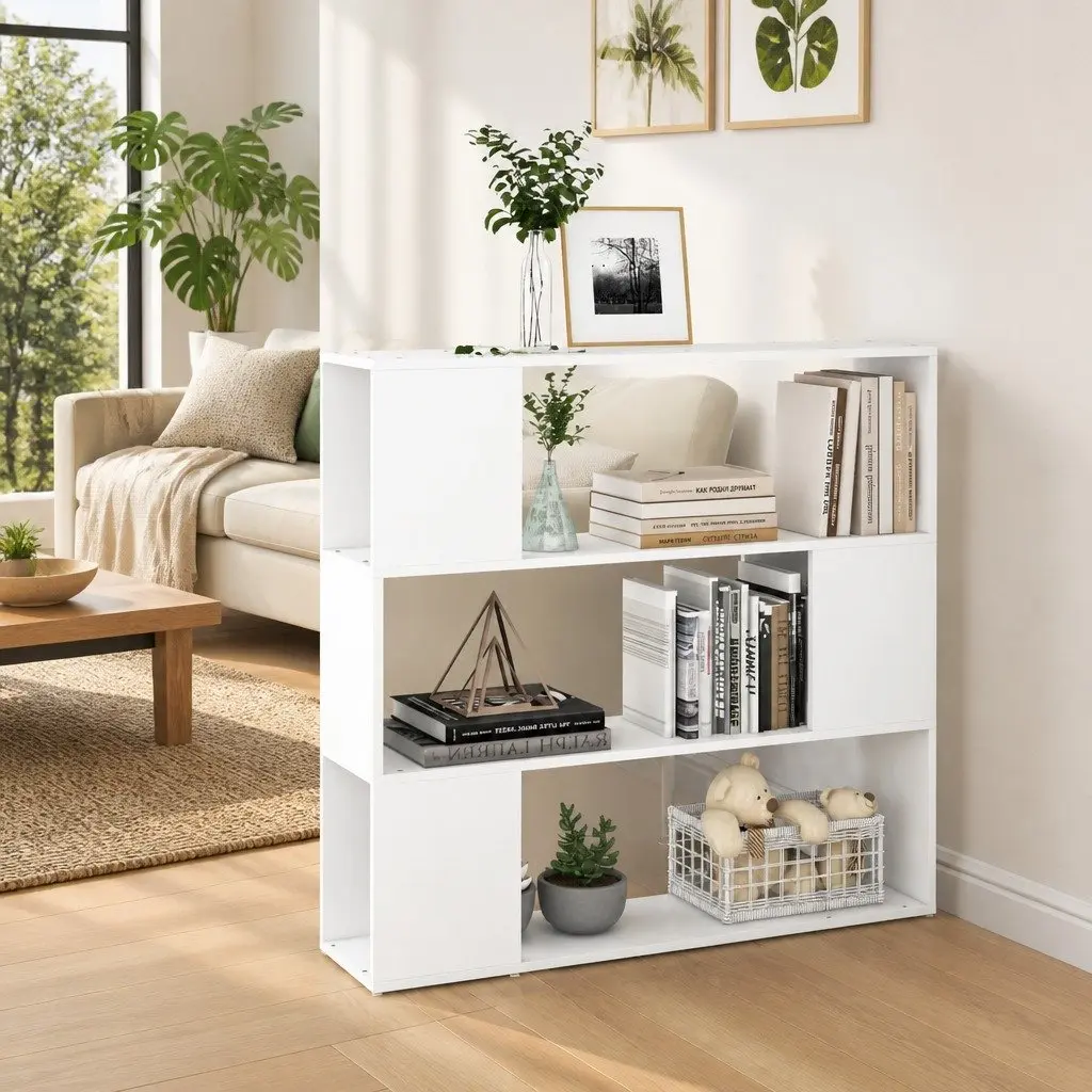 Book Cabinet Room Divider White 3 Compartments Storage Organiser