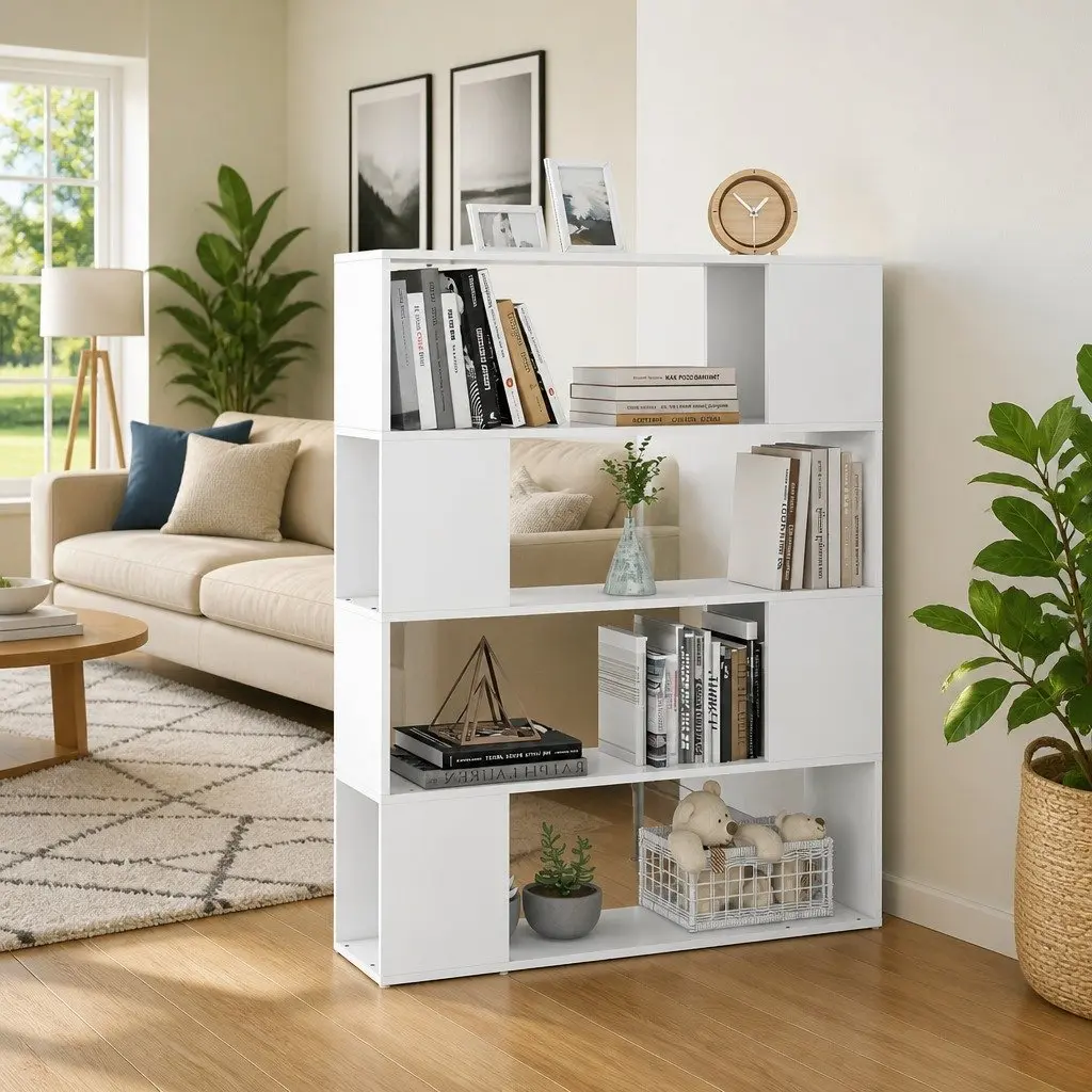 White Book Cabinet Room Divider with 4 Compartments