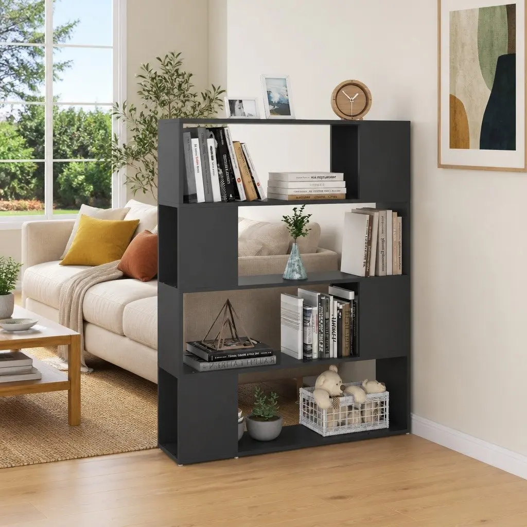 Grey Book Cabinet Room Divider Storage Unit 4 Compartments 100W x 24D x 124H cm