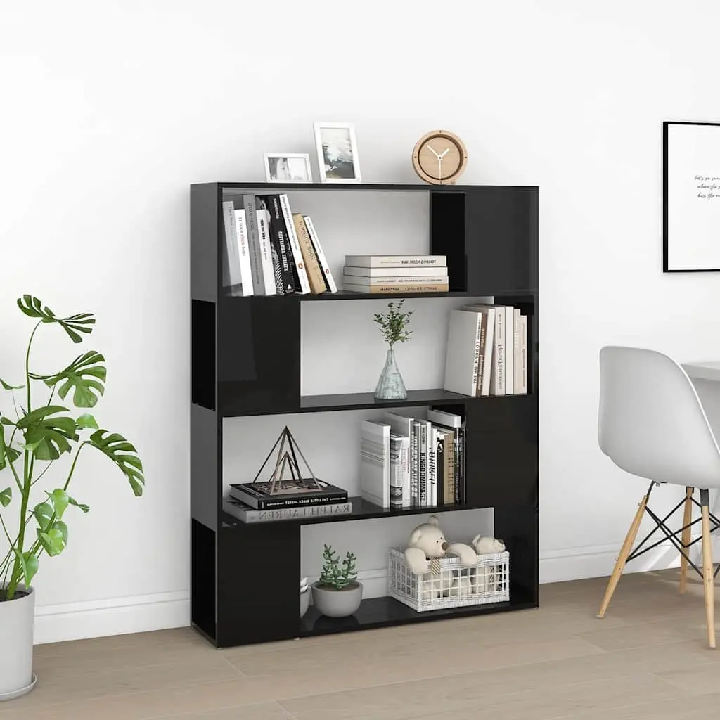 Book Cabinet Room Divider High Gloss Black 100W x 24D x 124H cm Storage Shelf Organizer Bookcase