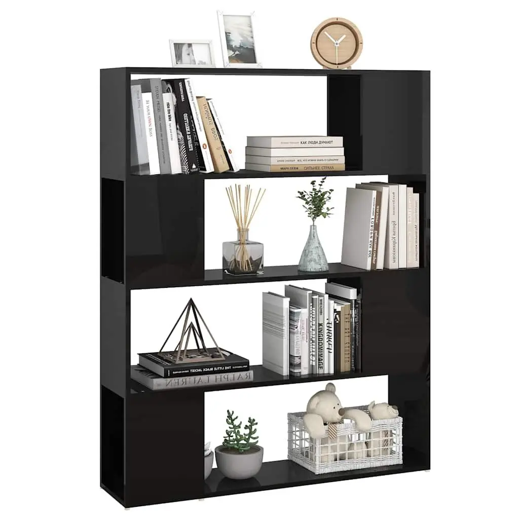 Book Cabinet Room Divider High Gloss Black 100W x 24D x 124H cm Storage Shelf Organizer Bookcase