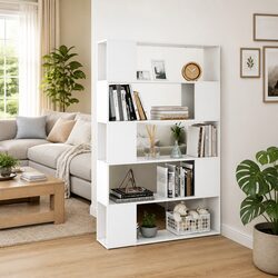 Stylish White Book Cabinet Room Divider with 5 Compartments