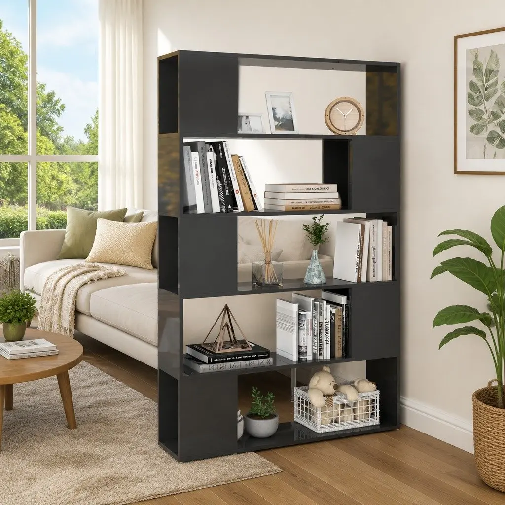 Grey Book Cabinet and Room Divider with 5 Compartments