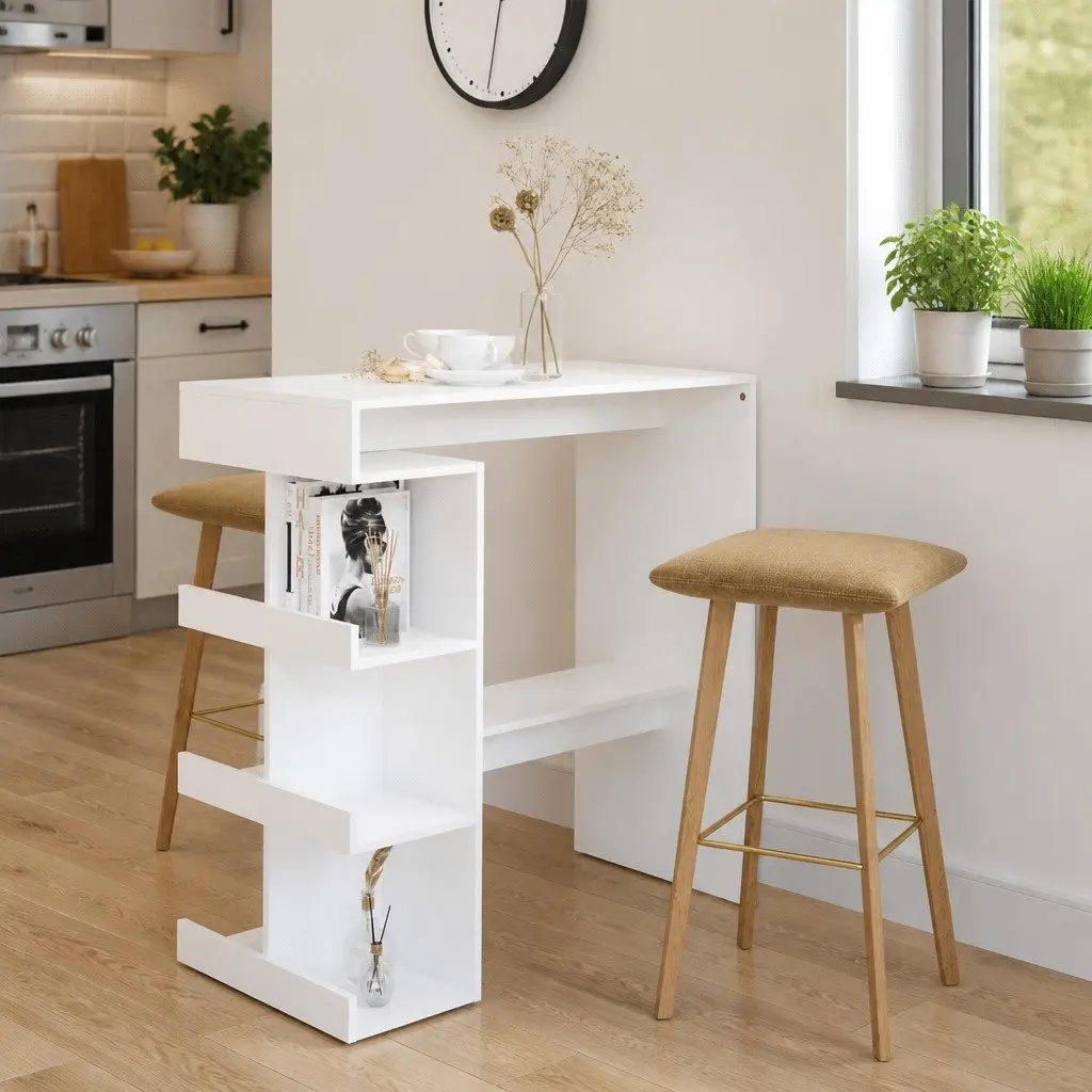 Bar Table White Space-Saving Kitchen Dining with Storage Racks Engineered Wood