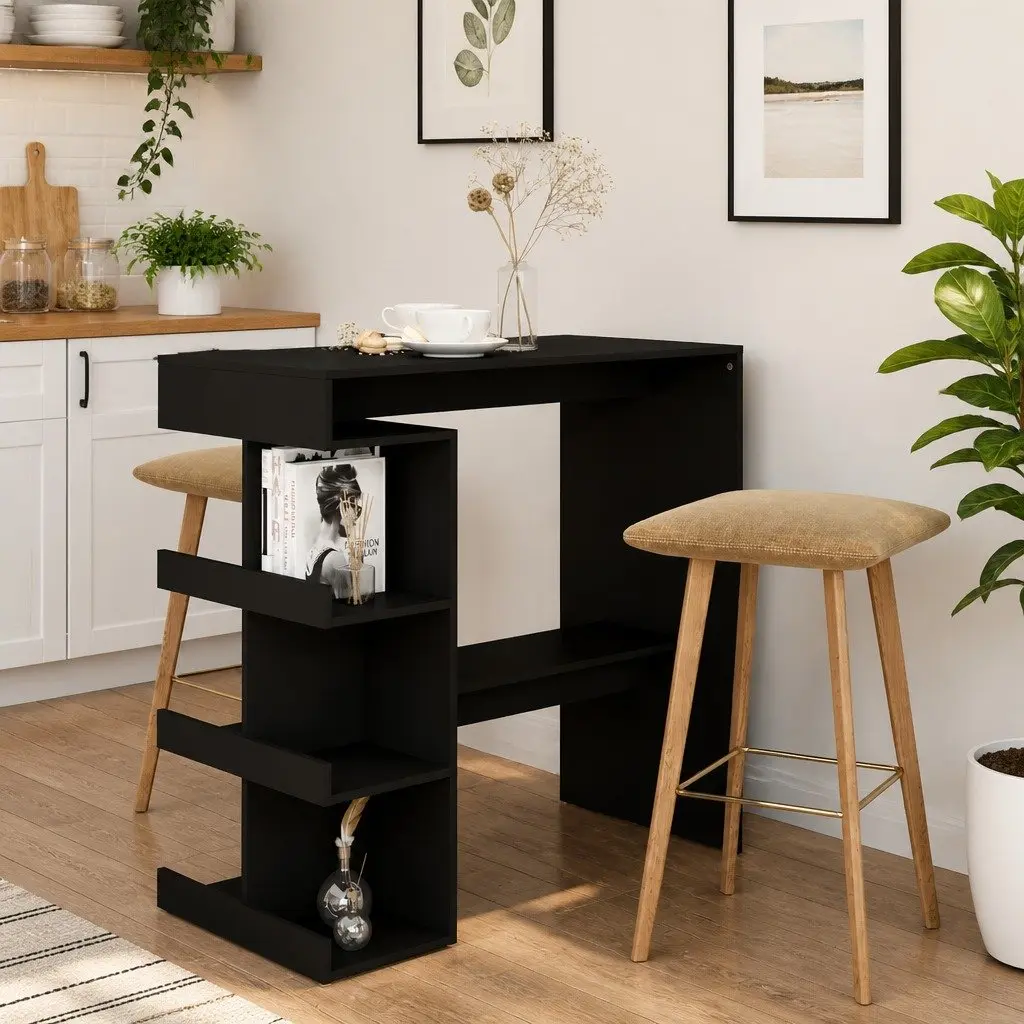 Bar Table with Storage Racks Black Kitchen Dining Bistro Pub High Top Counter