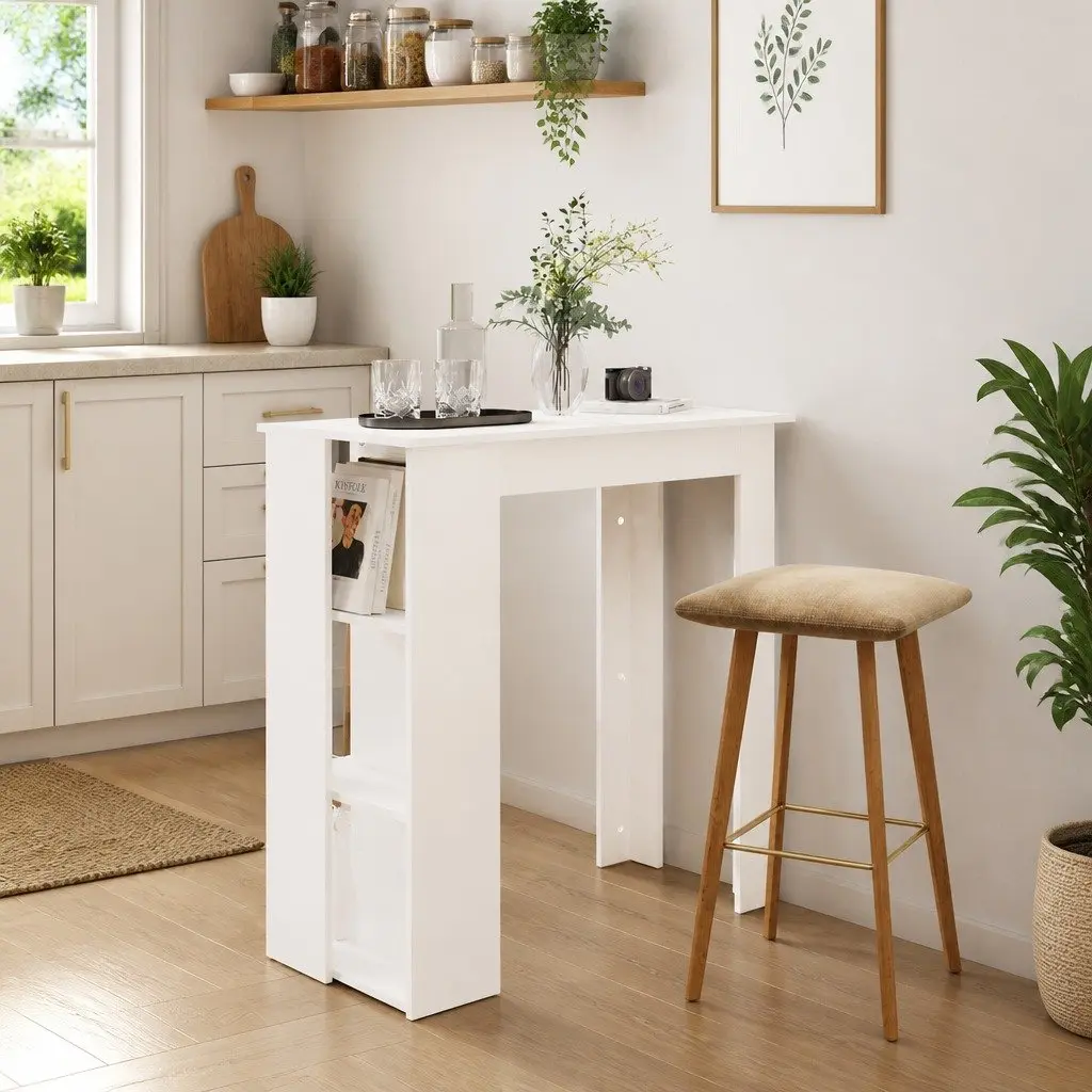 White Bar Table with Storage Shelves