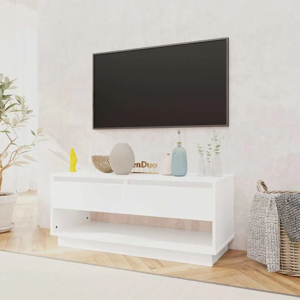 TV Cabinet White 102 x 41 x 44 cm Engineered Wood Living Room Storage Unit 2 Drawers Open Compartment Lowboard