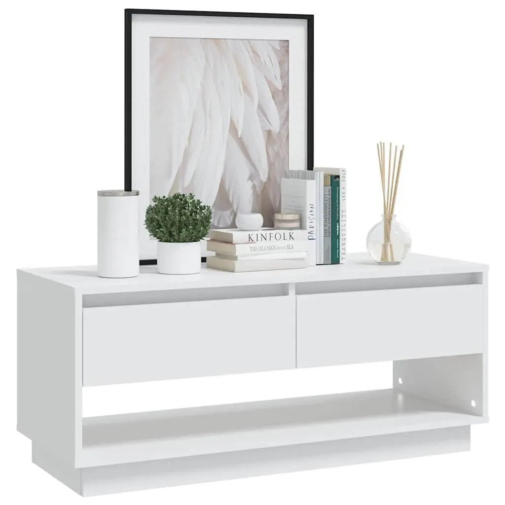 TV Cabinet White 102 x 41 x 44 cm Engineered Wood Living Room Storage Unit 2 Drawers Open Compartment Lowboard