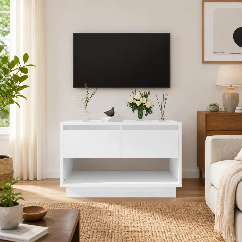 White High Gloss TV Cabinet with Drawers and Open Compartment