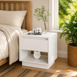 White Engineered Wood Bedside Cabinet with Drawer