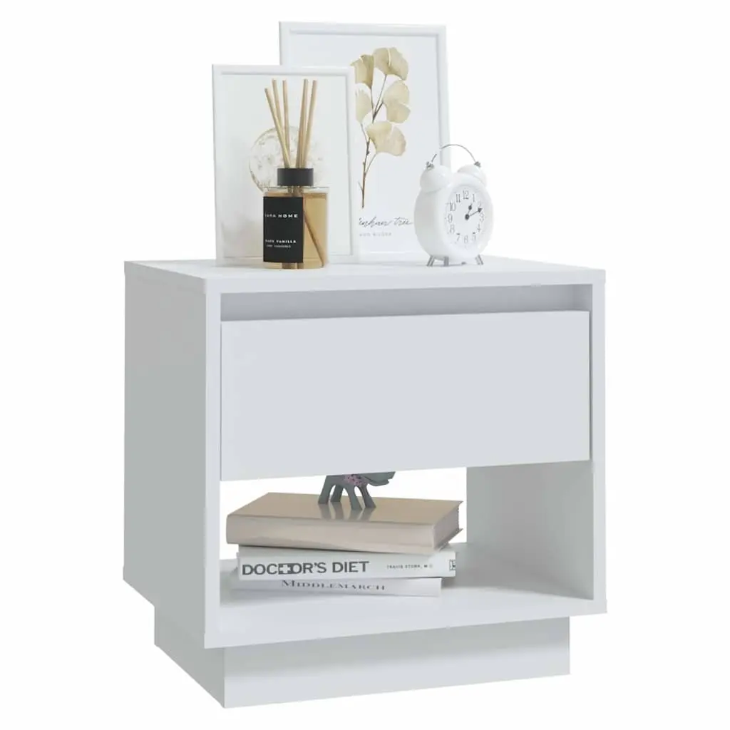 Nightstand White Engineered Wood Bedside Cabinet with Drawer and Open Storage Compartment