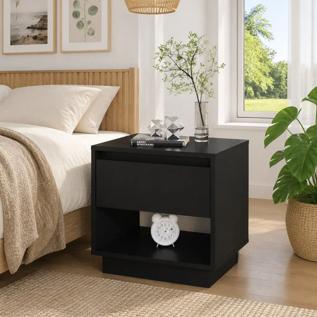 Bedside Cabinet Black Nightstand Drawer Storage Open Compartment Engineered Wood