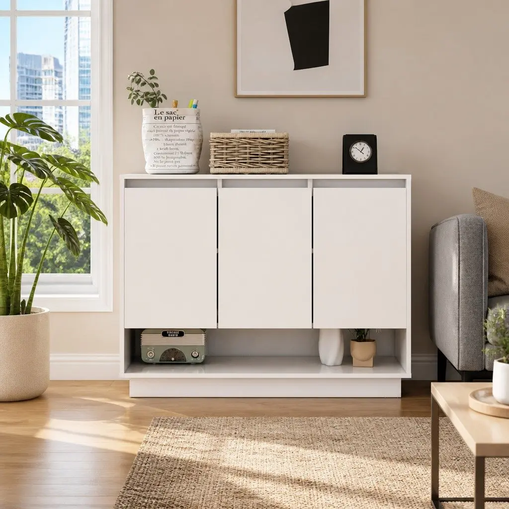 High Gloss White Sideboard Storage Cabinet with 3 Doors