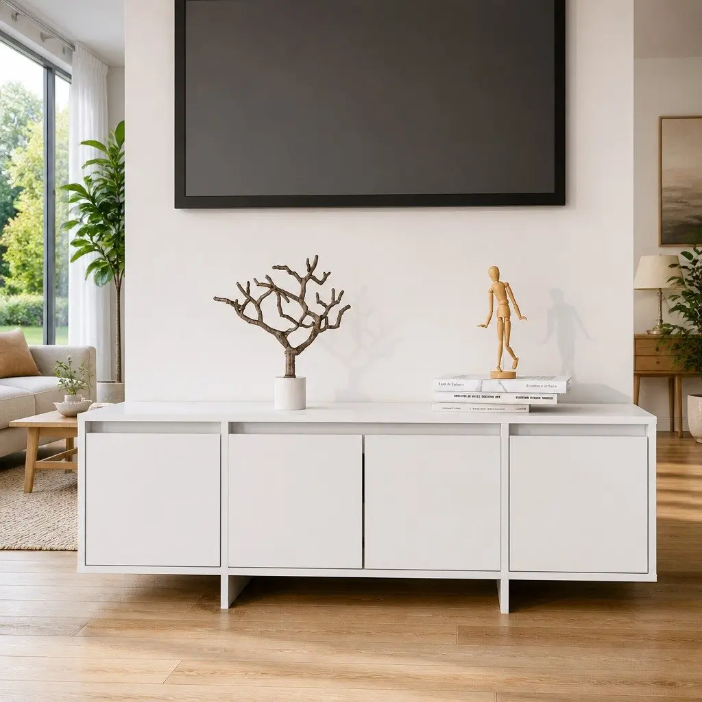 White 4 Door TV Cabinet for Living Room Storage