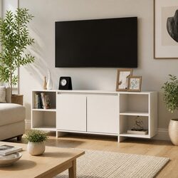 White Living Room TV Cabinet with Storage and Shelves