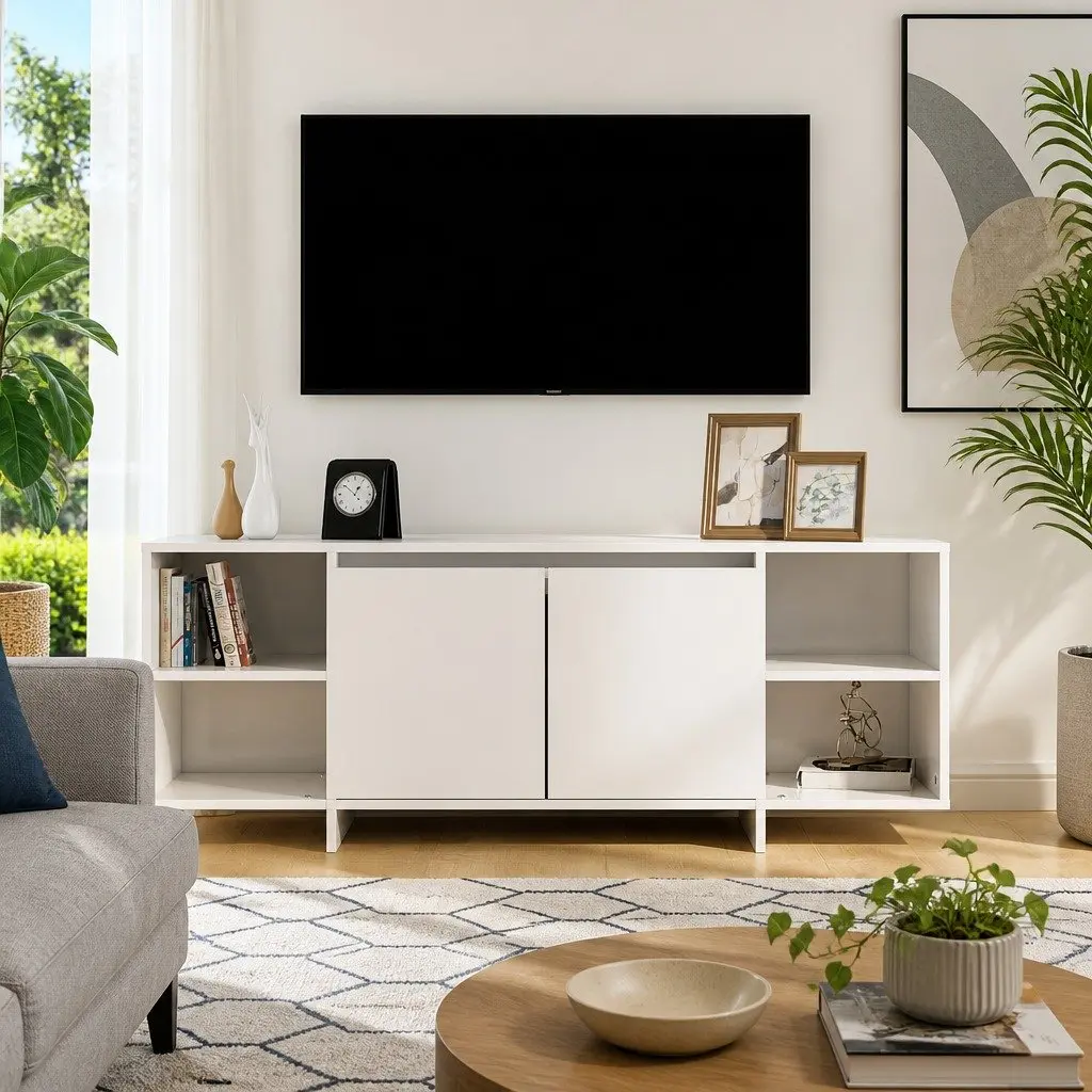 TV Cabinet White High Gloss 130x35x50cm Engineered Wood Storage Lowboard Entertainment Unit