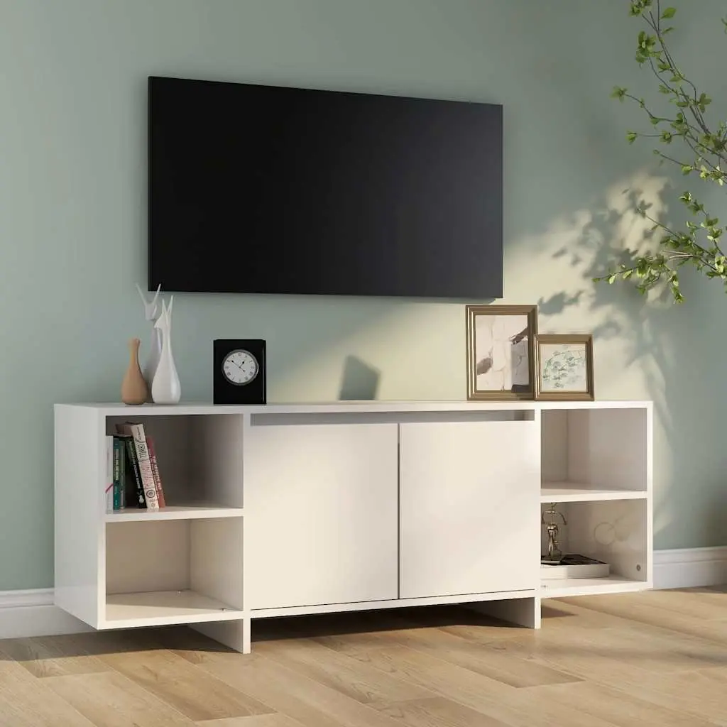 TV Cabinet White High Gloss 130x35x50cm Engineered Wood Storage Lowboard Entertainment Unit