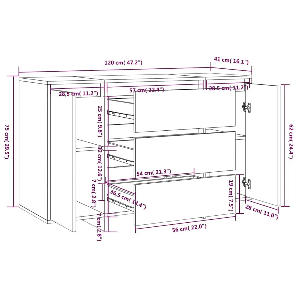 Sideboard Cabinet Grey 2 Doors 3 Drawers Engineered Wood