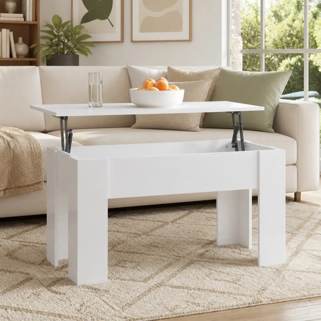 White High Gloss Coffee Table Lift Top Storage Engineered Wood Living Room