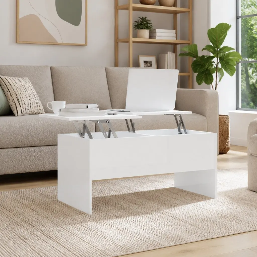 Coffee Table High Gloss White Modern Adjustable Tabletop Engineered Wood