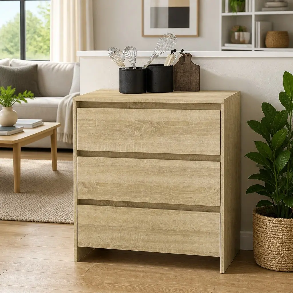 Sideboard Minimalist Brown 70W x 41D x 75H cm Engineered Wood 3 Drawers Storage Cabinet Living Room Buffet Furniture