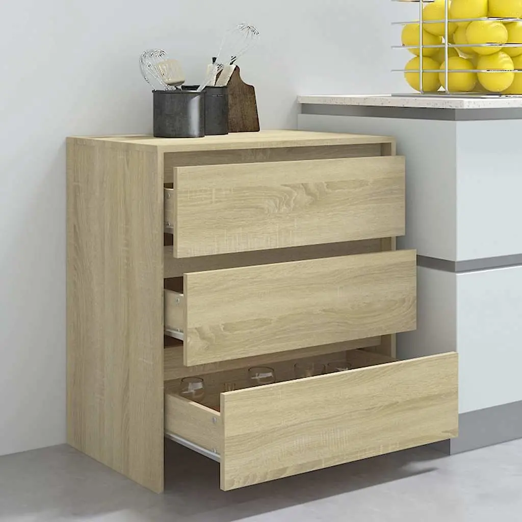 Sideboard Minimalist Brown 70W x 41D x 75H cm Engineered Wood 3 Drawers Storage Cabinet Living Room Buffet Furniture