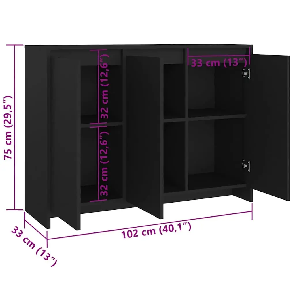 Black Sideboard Storage Cabinet with 3 Doors