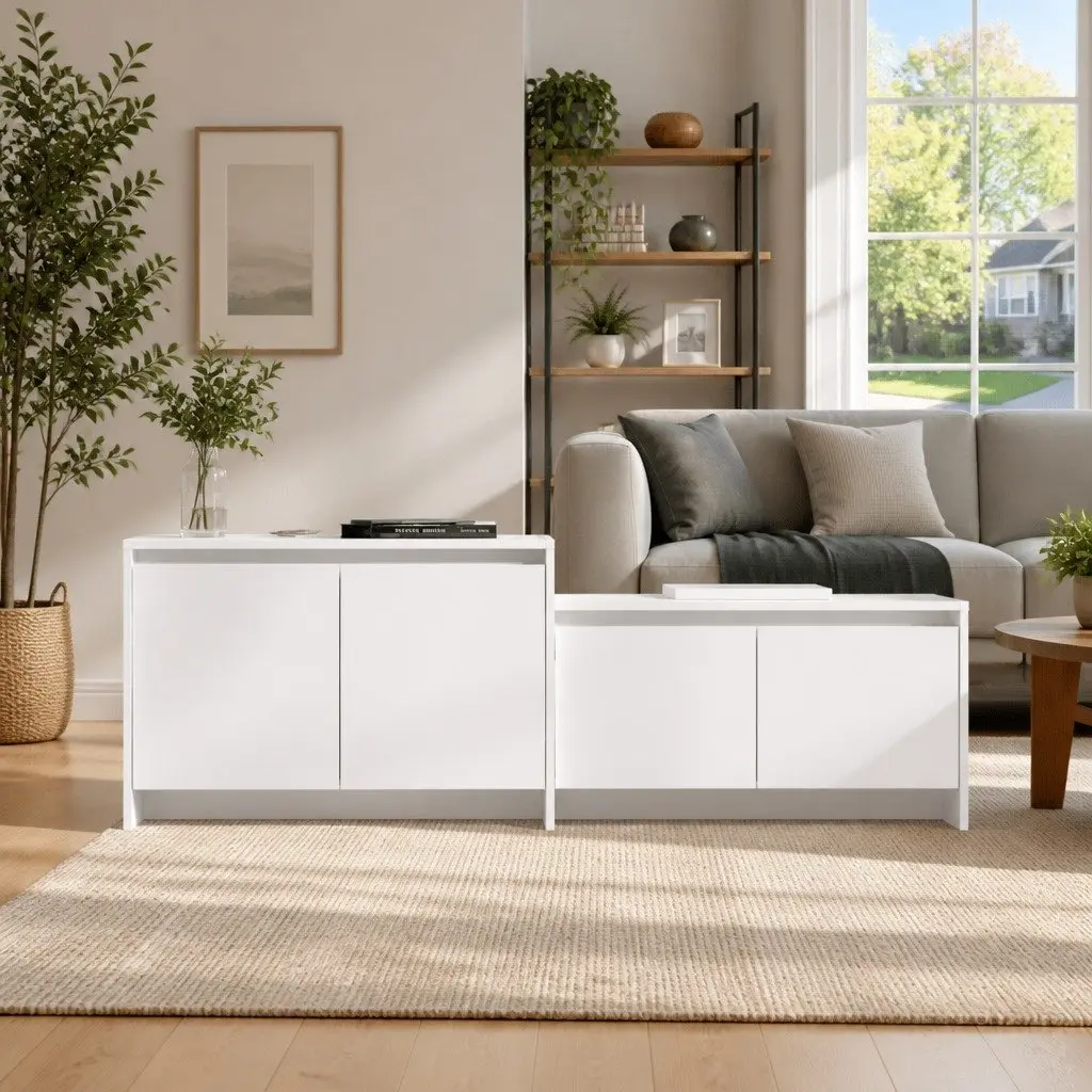 TV Cabinet White 4 Door Lowboard Living Room Storage Organiser Unit Engineered Wood