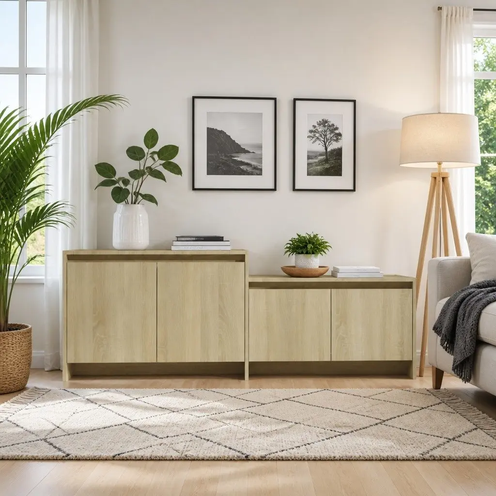 Beige 4-Door TV Cabinet for Living Room Storage